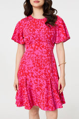 Printed Angel Sleeve Knee Length Dress