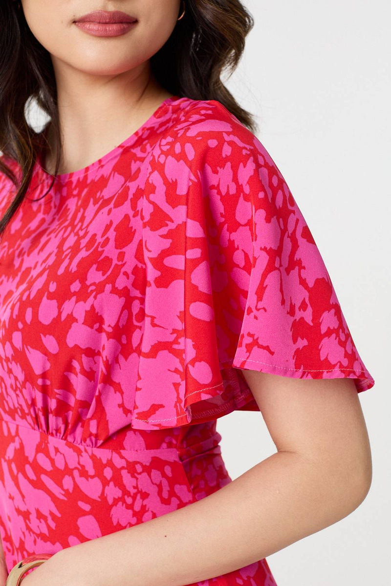 Printed Angel Sleeve Knee Length Dress