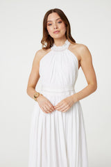 Embroidered Trim Halter Neck Maxi Dress