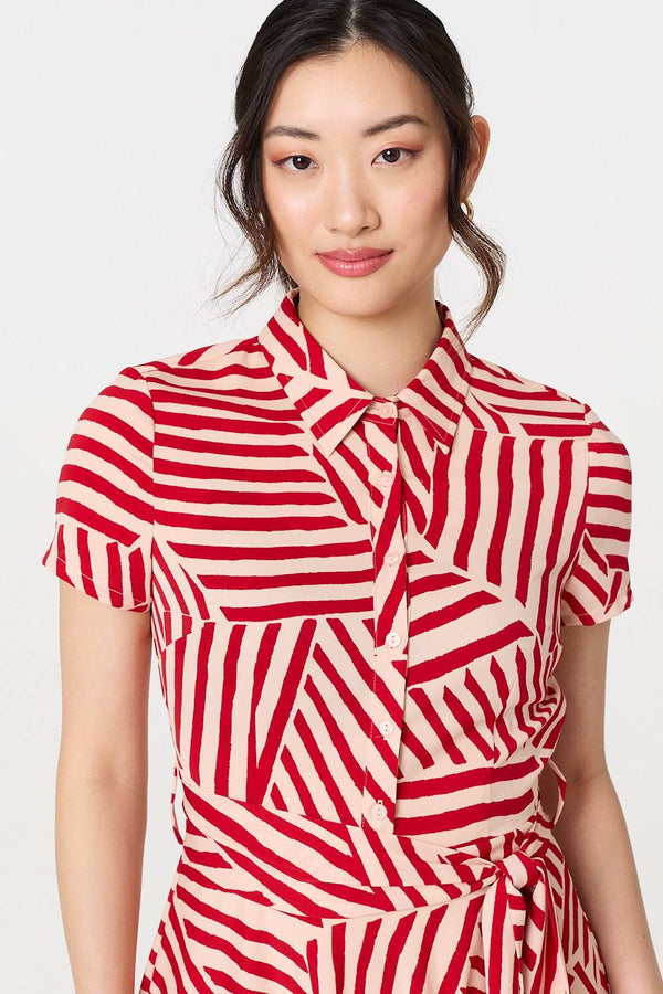 Striped Tie Waist Midi Shirt Dress