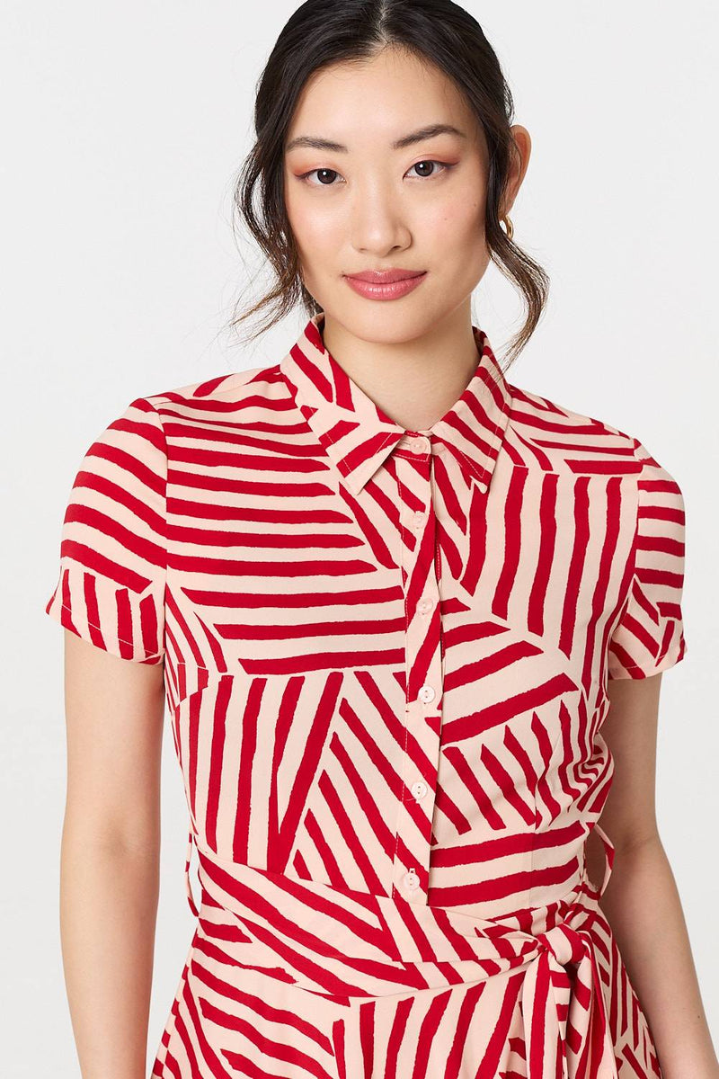 Striped Tie Waist Midi Shirt Dress