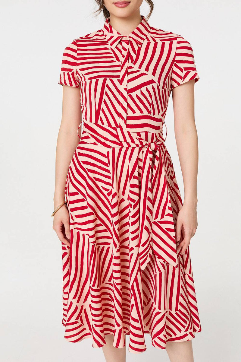 Striped Tie Waist Midi Shirt Dress