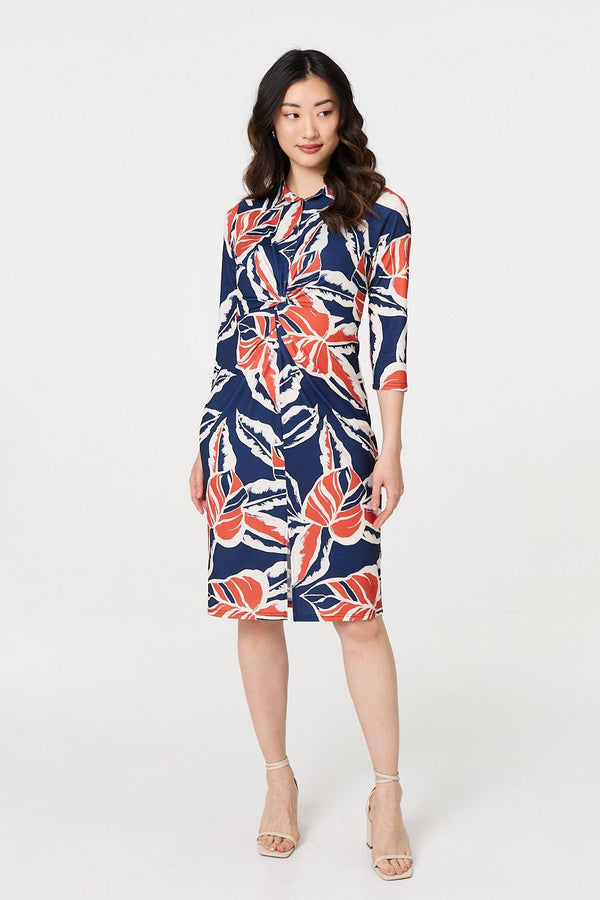 Floral 3/4 Sleeve Midi Shirt Dress