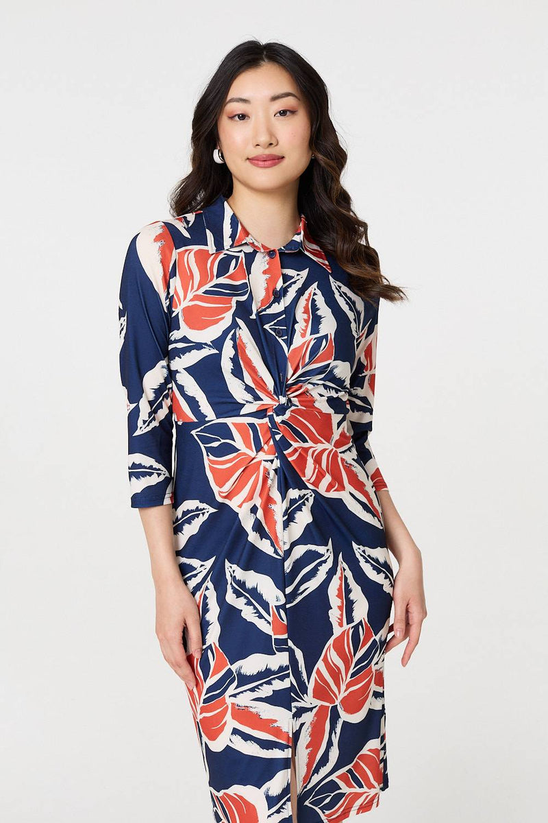 Floral 3/4 Sleeve Midi Shirt Dress