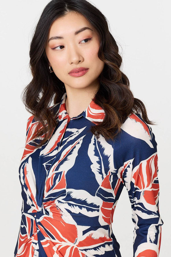 Floral 3/4 Sleeve Midi Shirt Dress