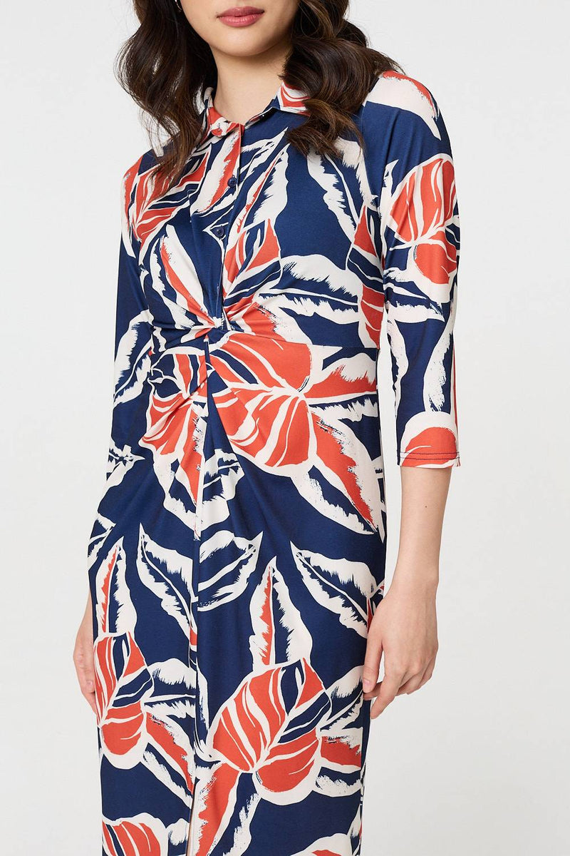 Floral 3/4 Sleeve Midi Shirt Dress