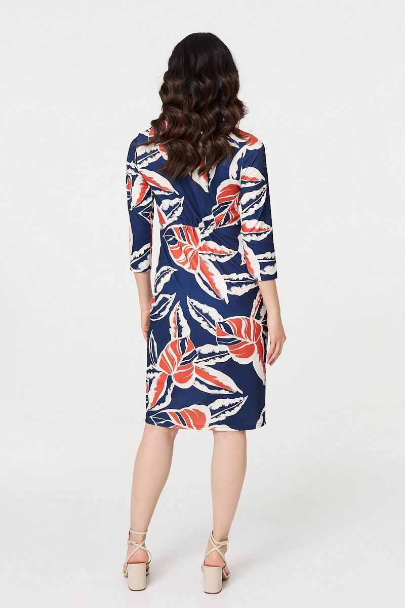 Floral 3/4 Sleeve Midi Shirt Dress