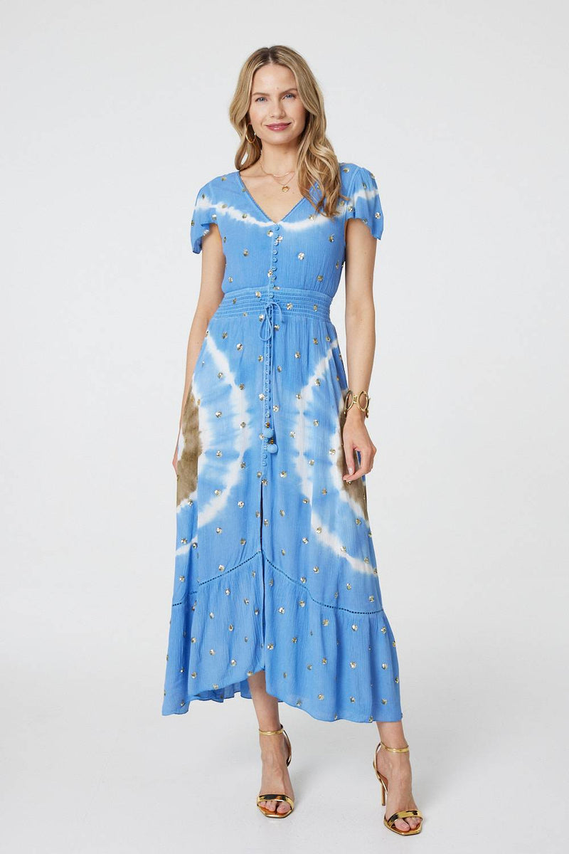 Tie Dye Print Shirred Tie Waist Midi Dress