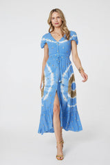 Tie Dye Print Shirred Tie Waist Midi Dress