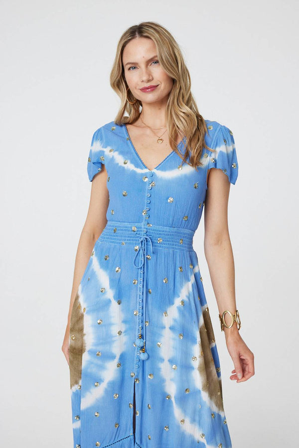 Tie Dye Print Shirred Tie Waist Midi Dress