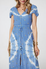 Tie Dye Print Shirred Tie Waist Midi Dress