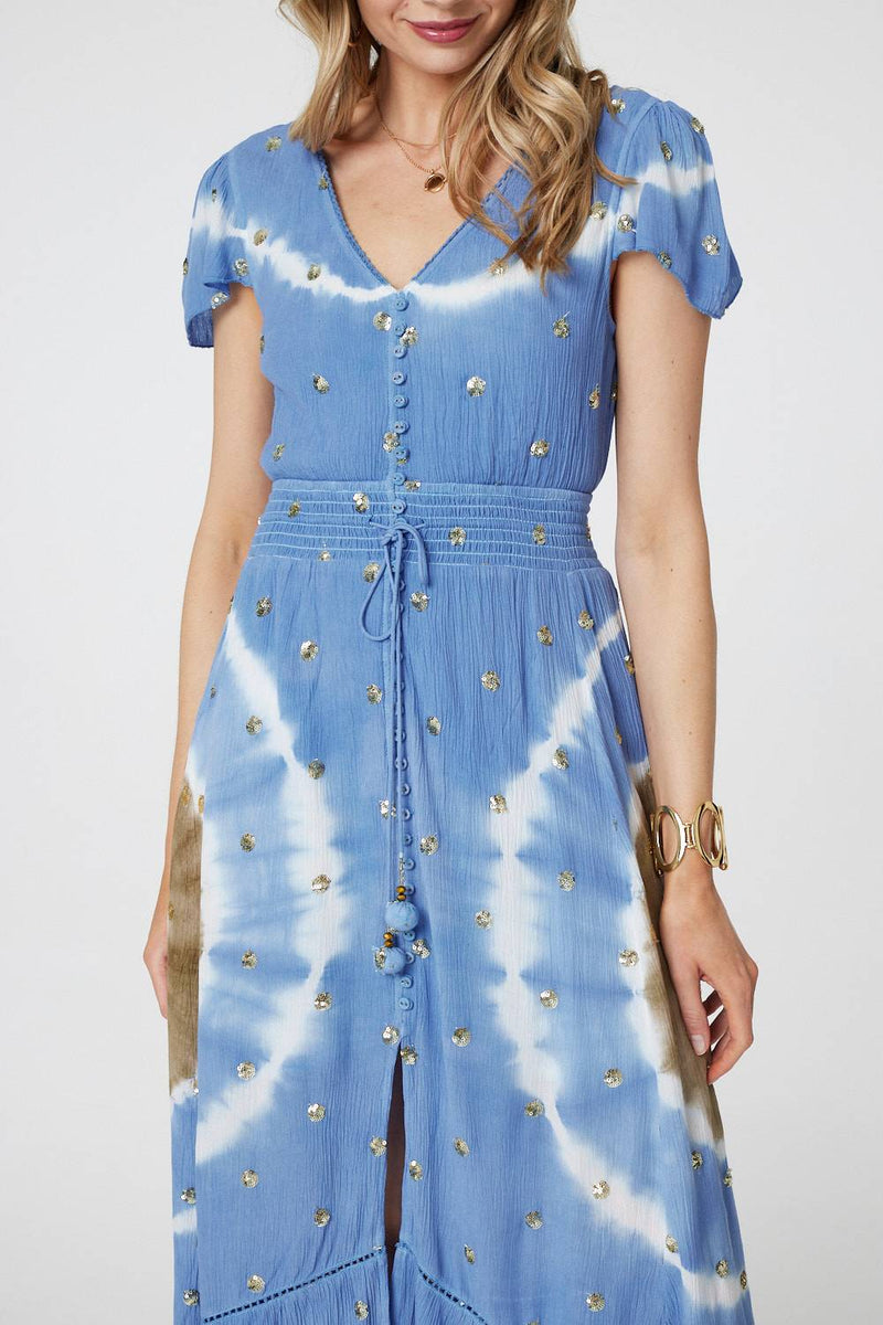 Tie Dye Print Shirred Tie Waist Midi Dress