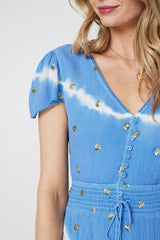 Tie Dye Print Shirred Tie Waist Midi Dress