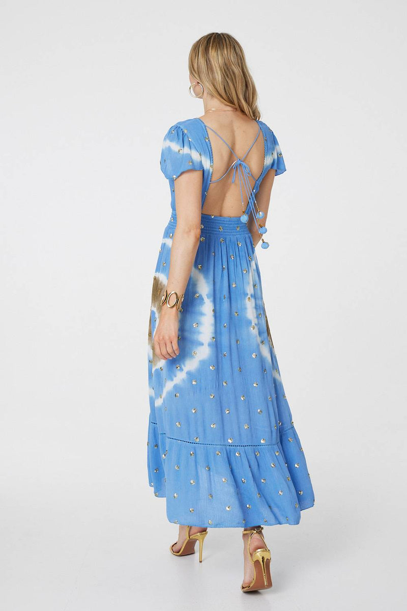 Tie Dye Print Shirred Tie Waist Midi Dress