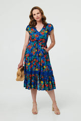 Floral Lace Trim Cap Sleeve Midi Dress