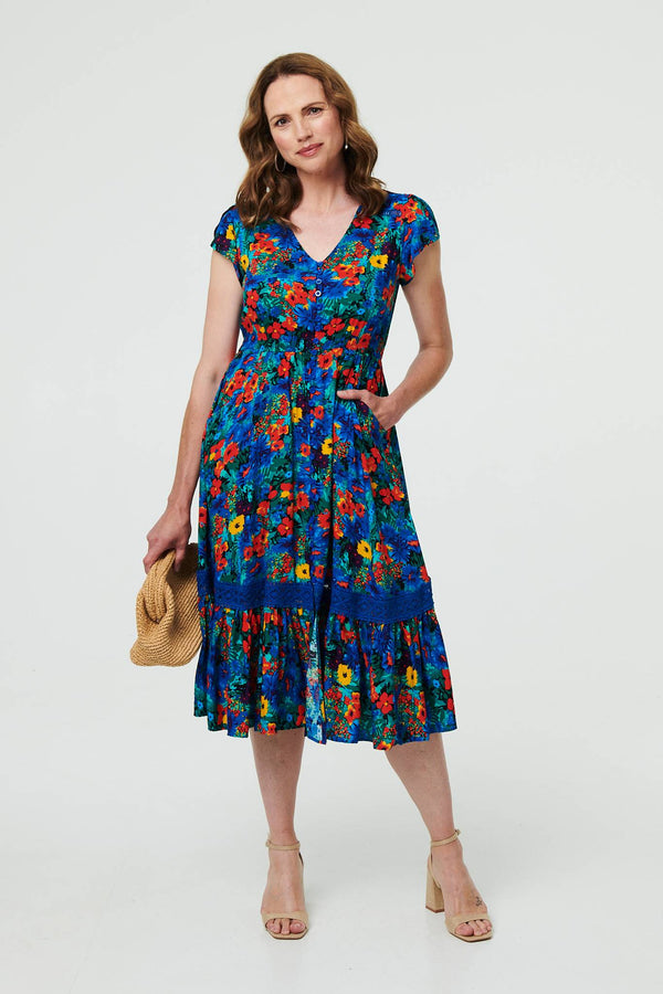 Floral Lace Trim Cap Sleeve Midi Dress