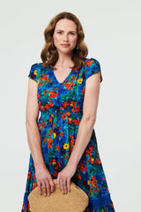 Floral Lace Trim Cap Sleeve Midi Dress