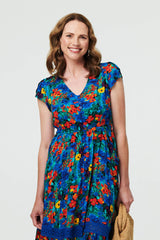 Floral Lace Trim Cap Sleeve Midi Dress