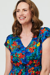 Floral Lace Trim Cap Sleeve Midi Dress