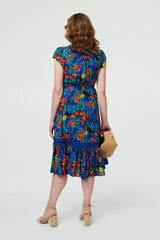 Floral Lace Trim Cap Sleeve Midi Dress