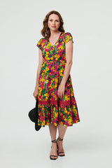 Floral Lace Trim Cap Sleeve Midi Dress