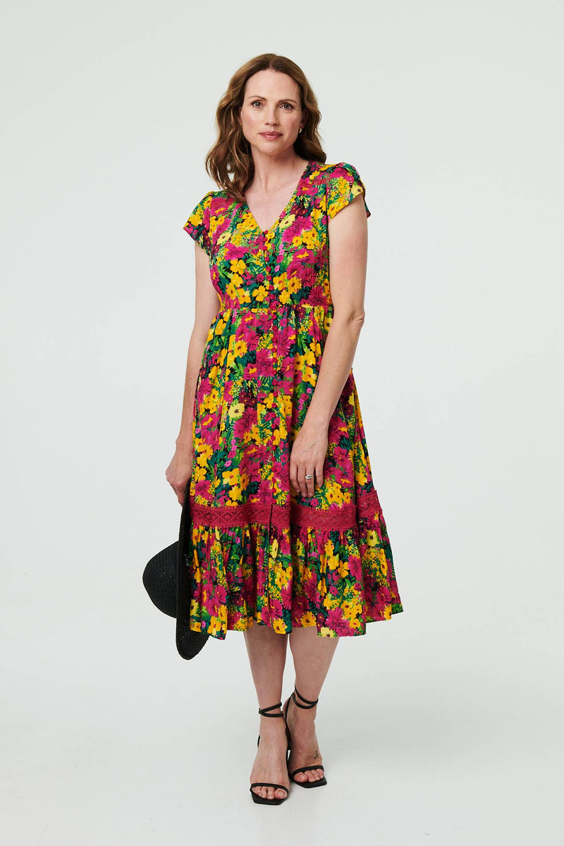 Floral Lace Trim Cap Sleeve Midi Dress