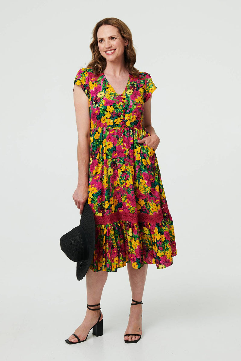 Floral Lace Trim Cap Sleeve Midi Dress