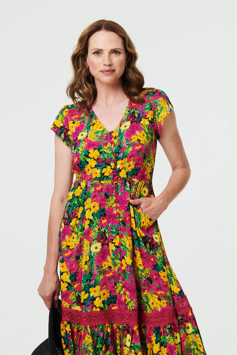 Floral Lace Trim Cap Sleeve Midi Dress