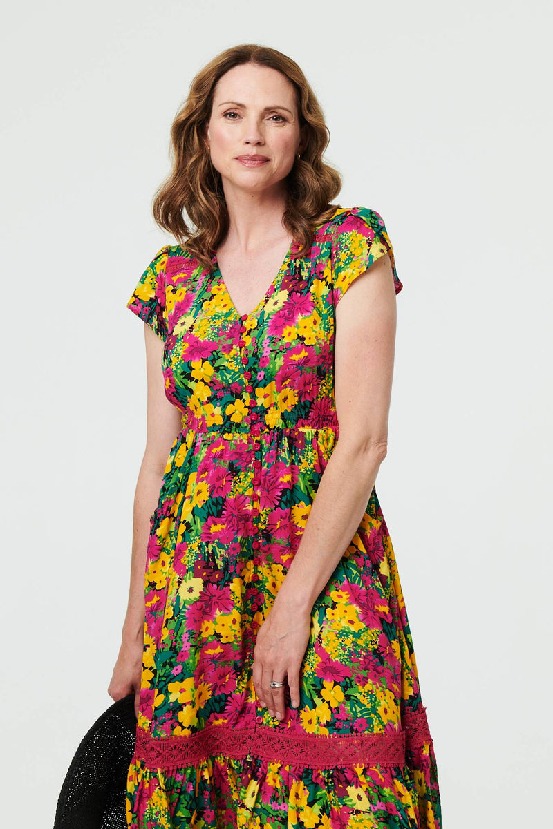 Floral Lace Trim Cap Sleeve Midi Dress