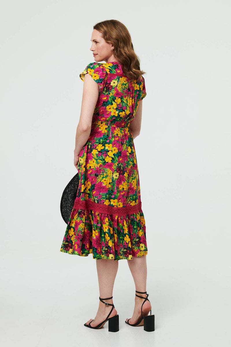 Floral Lace Trim Cap Sleeve Midi Dress