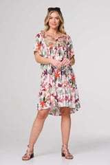 Tropical Print Tie Neck Knee Length Dress