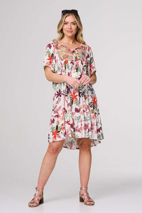 Tropical Print Tie Neck Knee Length Dress