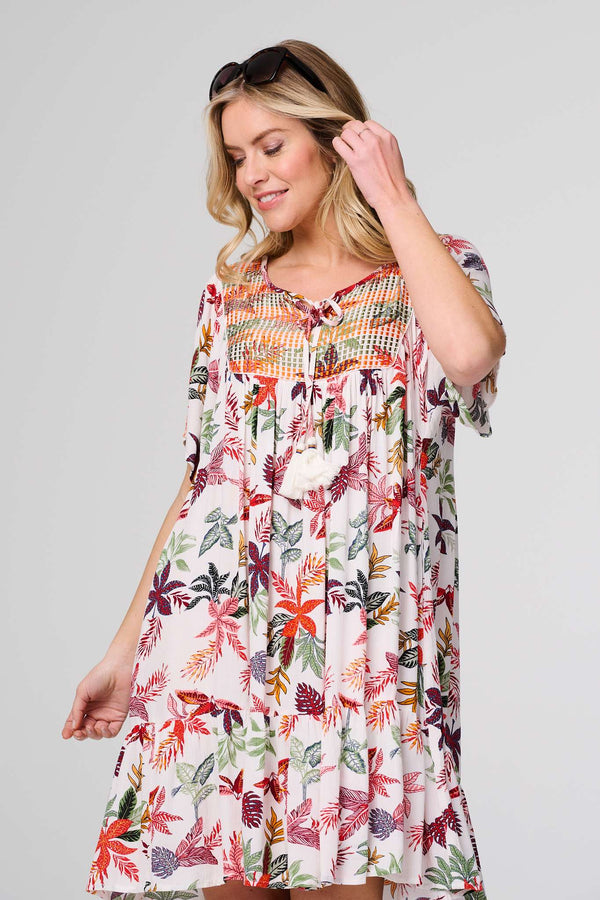 Tropical Print Tie Neck Knee Length Dress