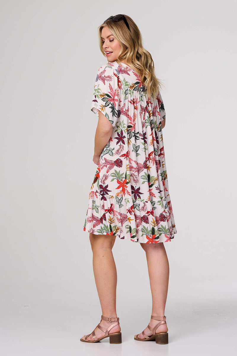Tropical Print Tie Neck Knee Length Dress