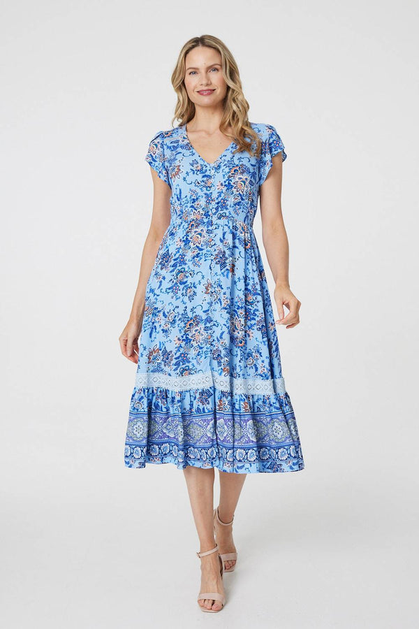 Floral Cap Sleeve Lace Trim Midi Dress
