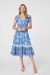 Floral Cap Sleeve Lace Trim Midi Dress