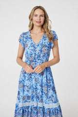 Floral Cap Sleeve Lace Trim Midi Dress