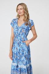 Floral Cap Sleeve Lace Trim Midi Dress