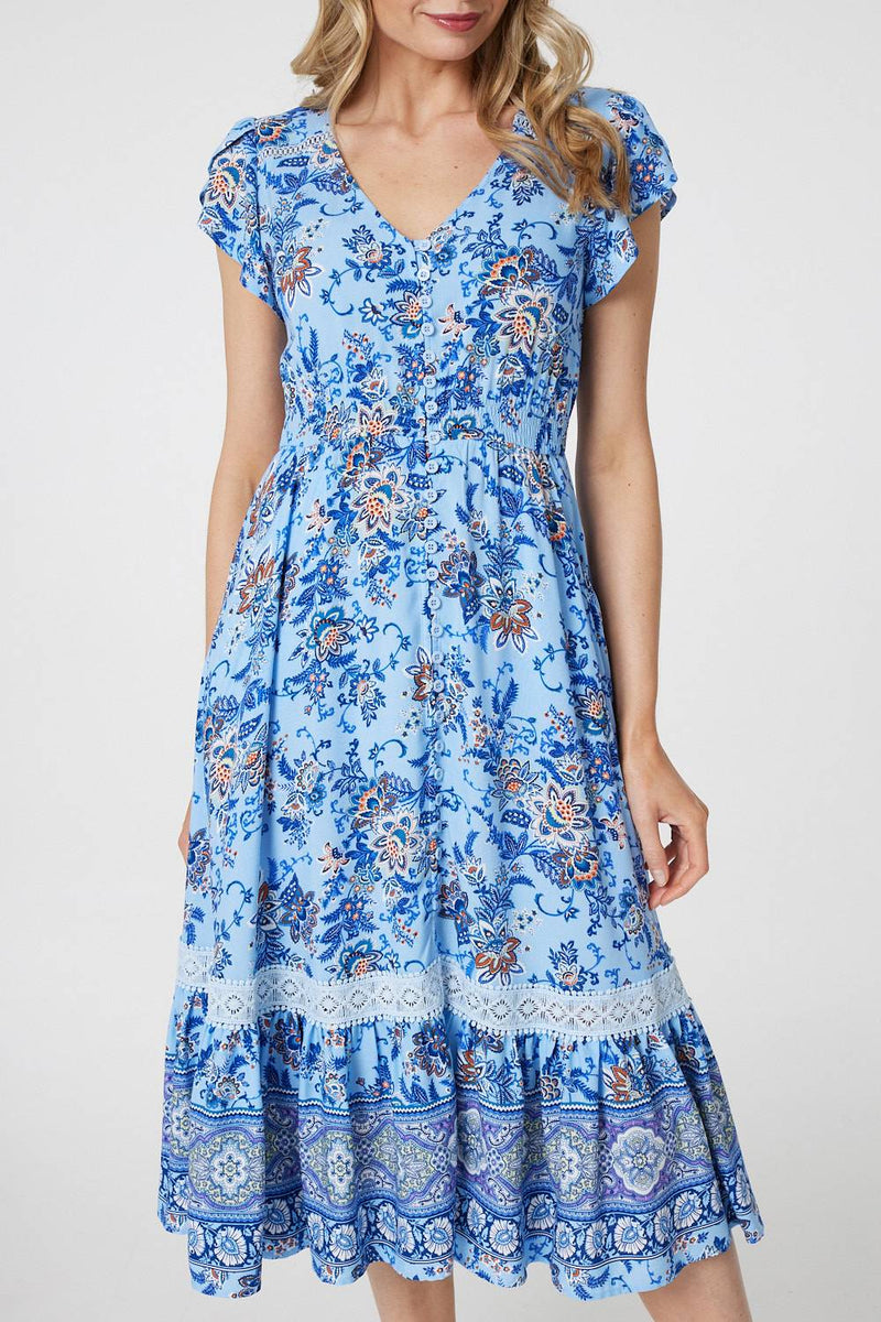 Floral Cap Sleeve Lace Trim Midi Dress