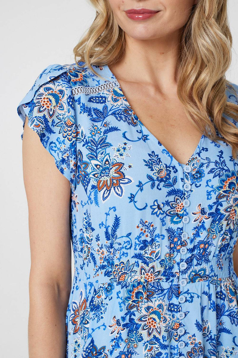 Floral Cap Sleeve Lace Trim Midi Dress