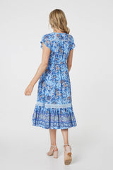 Floral Cap Sleeve Lace Trim Midi Dress