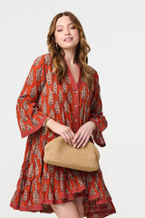 Feather Print Flare Sleeve Short Dress