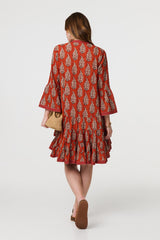 Feather Print Flare Sleeve Short Dress