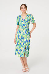 Printed Belt Detail Wrap Midi Dress