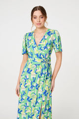 Printed Belt Detail Wrap Midi Dress