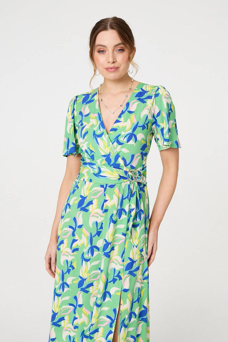 Printed Belt Detail Wrap Midi Dress