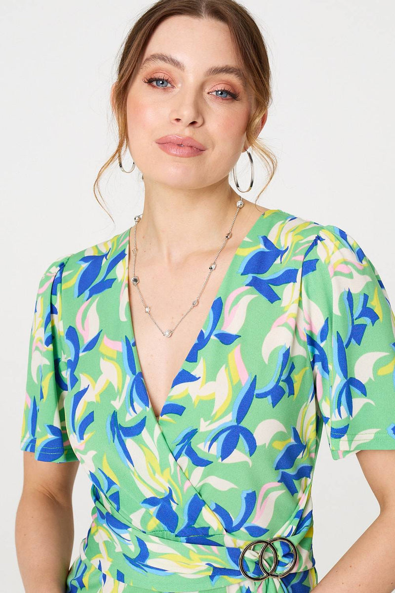 Printed Belt Detail Wrap Midi Dress