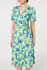 Printed Belt Detail Wrap Midi Dress