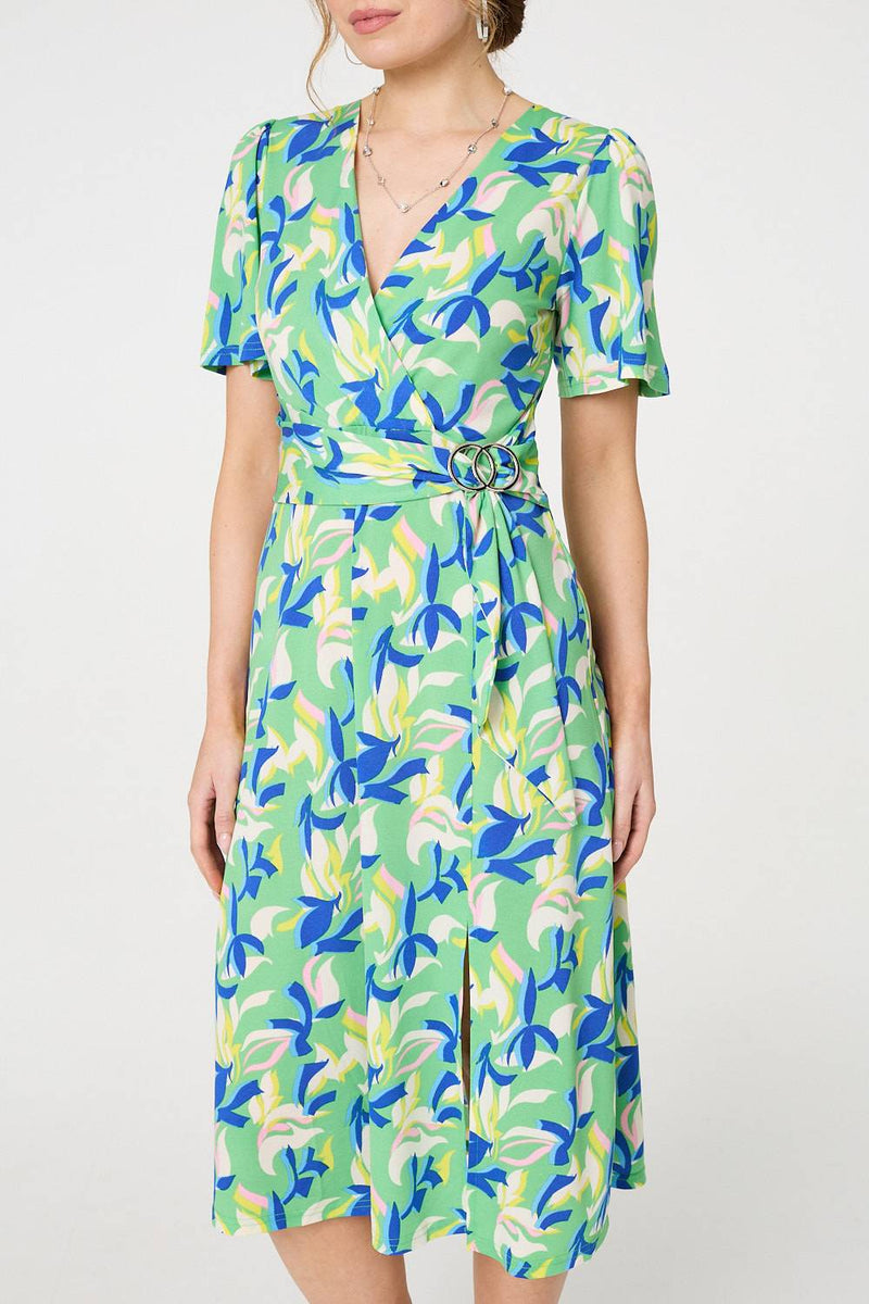 Printed Belt Detail Wrap Midi Dress