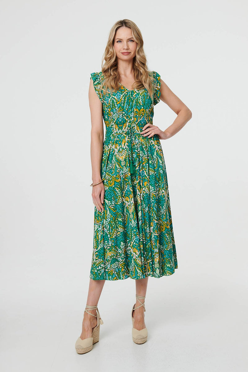 Leaf Print Frilled Sleeveless Midi Dress